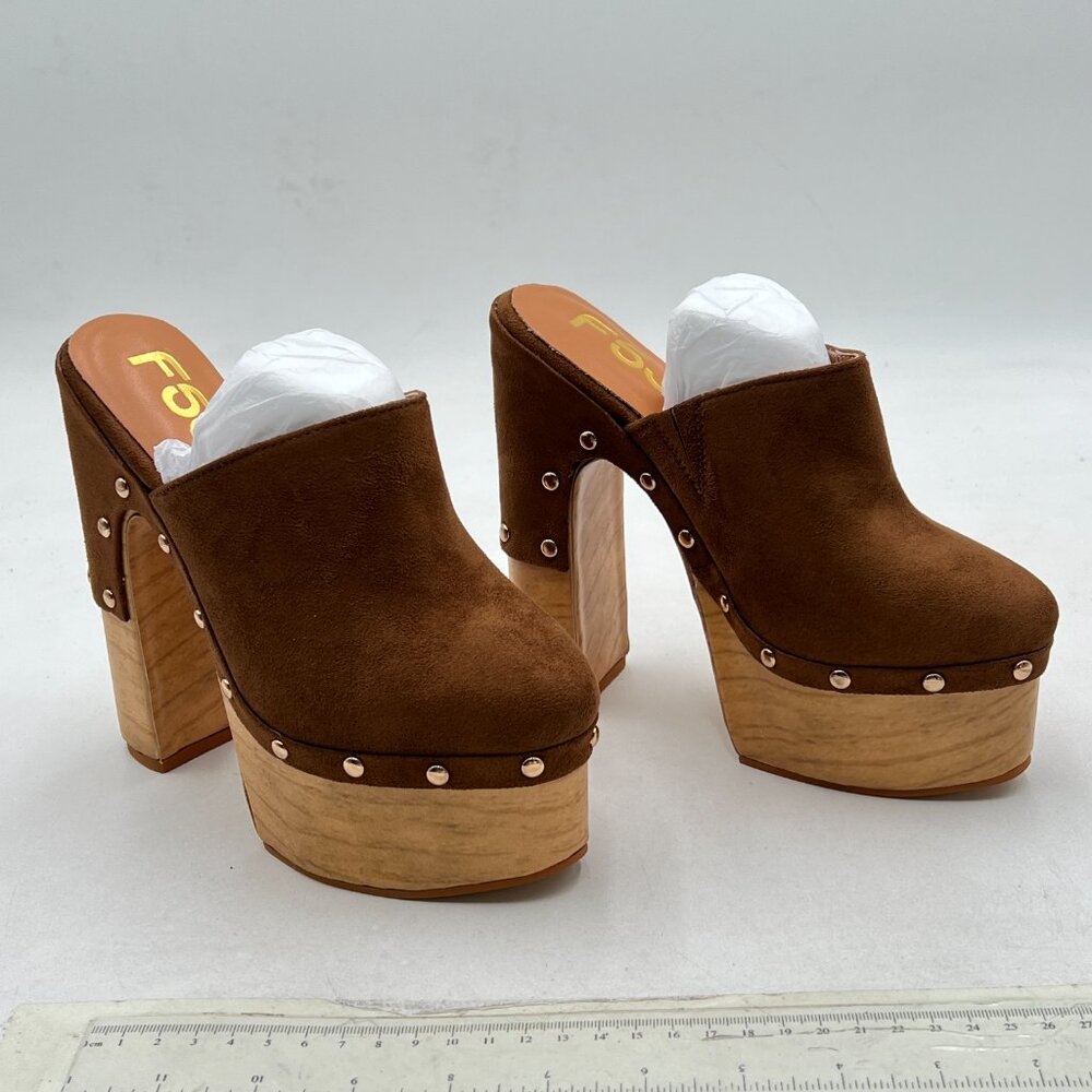 FSJ Brown Suede Round Toe Mules High Chunky Heeled Sandals Slip On Platform Shoe - Picture 4 of 8